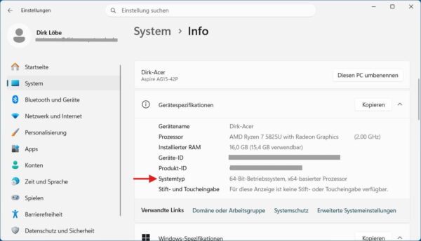 Windows Systemtyp anzeigen: 32 Bit oder 64 Bit Version in den Einstellungen prüfen