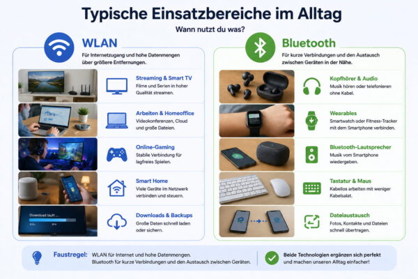 Typische Einsatzbereiche von WLAN und Bluetooth im Alltag im direkten Vergleich