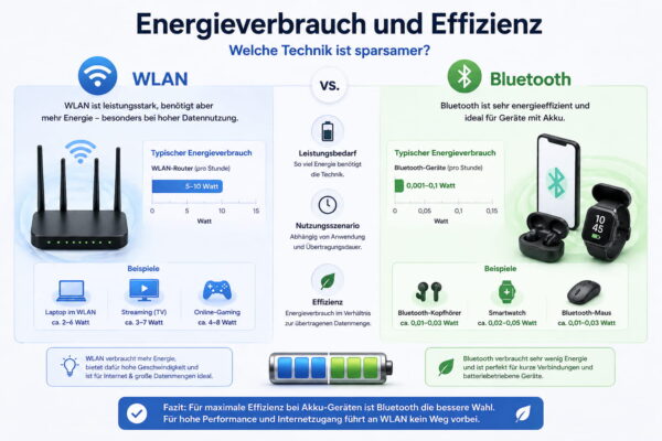 Vergleich von WLAN und Bluetooth beim Energieverbrauch und der Effizienz im Alltag