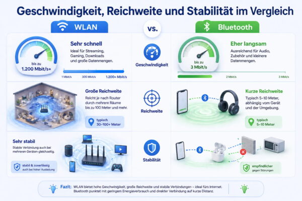 Vergleich von WLAN und Bluetooth bei Geschwindigkeit, Reichweite und Stabilität im Überblick