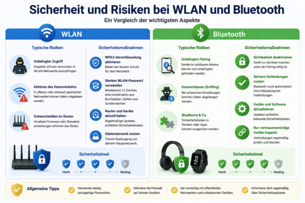 Sicherheit und Risiken bei WLAN und Bluetooth im Vergleich mit typischen Gefahren und Schutzmaßnahmen