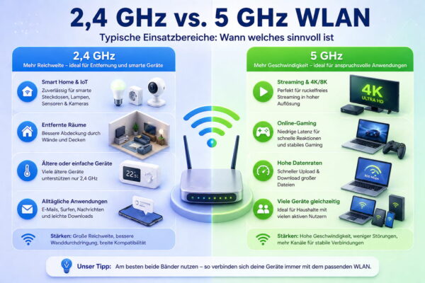 2,4 GHz vs 5 GHz WLAN typische Einsatzbereiche im Alltag mit Geräten und Anwendungen
