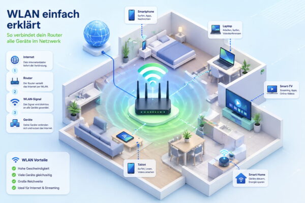 WLAN Funktionsweise einfach erklärt mit Router und verbundenen Geräten im Heimnetzwerk
