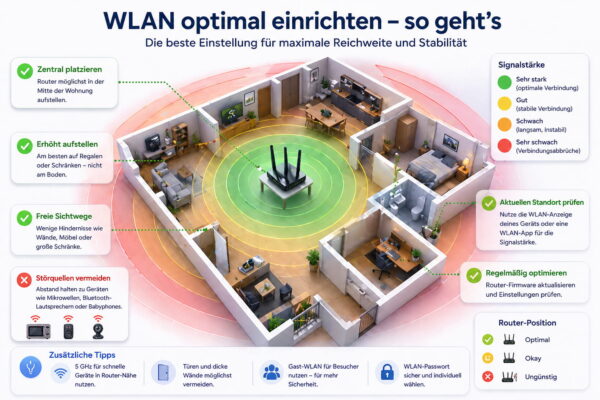 WLAN optimal einrichten im Zuhause mit Router-Position und Signalstärke in der Wohnung