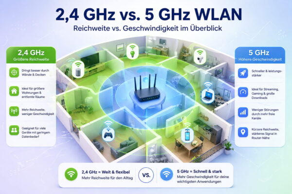 2,4 GHz vs 5 GHz WLAN Vergleich mit Reichweite und Geschwindigkeit in einer Wohnung dargestellt