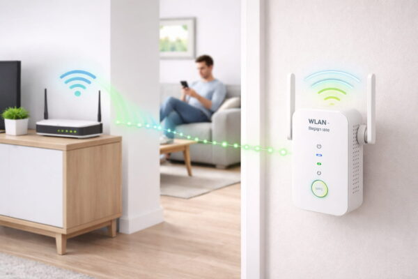 WLAN-Repeater in Steckdose erweitert das WLAN-Signal vom Router und sorgt für bessere Verbindung im Raum