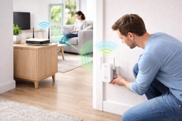 WLAN-Repeater richtig platzieren zwischen Router und Endgerät für bessere WLAN-Reichweite und stabile Verbindung