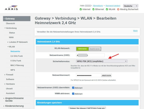 WLAN Sicherheit im Router einstellen mit WPA2 Verschlüsselung und Passwort