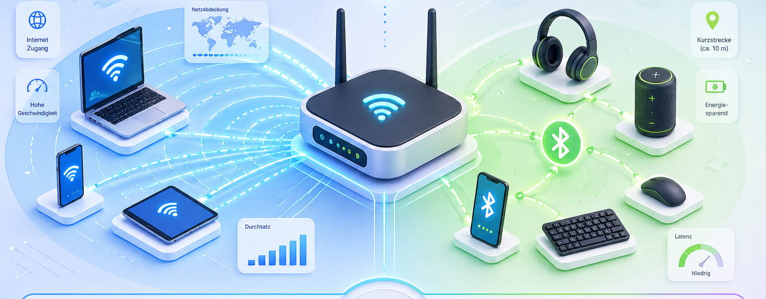 WLAN vs Bluetooth Unterschiede verständlich erklärt mit Vergleich von Reichweite, Geschwindigkeit und Einsatzbereichen