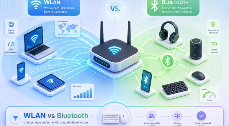 WLAN vs Bluetooth Unterschiede verständlich erklärt mit Vergleich von Reichweite, Geschwindigkeit und Einsatzbereichen