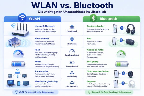 WLAN vs Bluetooth Vergleich mit Übersicht zu Reichweite, Geschwindigkeit und Energieverbrauch