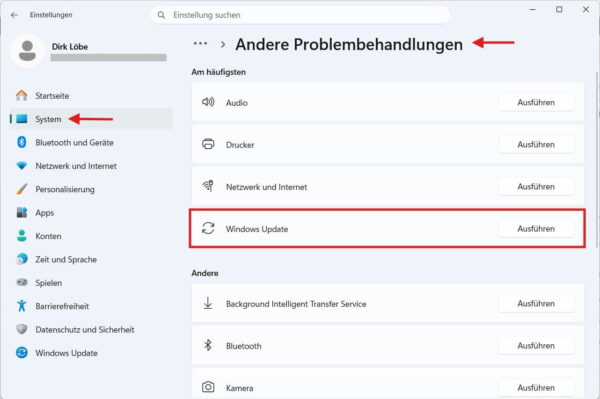 Windows-Update-Problembehandlung zum Beheben des Fehlers 0x80070057 in Windows 11