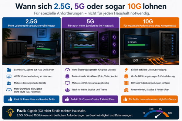 Vergleich von 2.5G-, 5G- und 10G-Netzwerken für NAS, Gaming und große Datenmengen