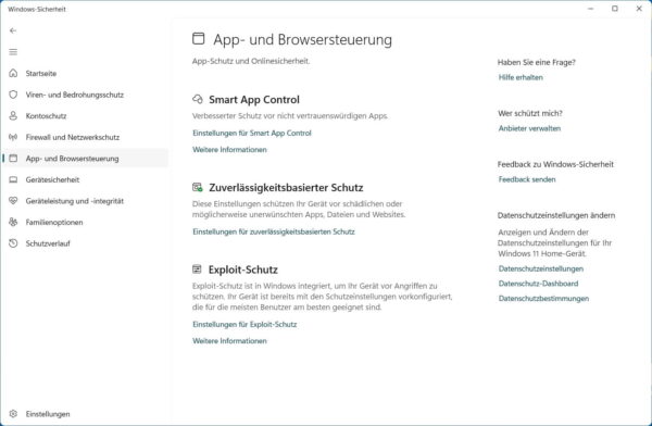 Windows-Sicherheit mit App- und Browsersteuerung für Smart App Control und zuverlässigkeitsbasierten Schutz