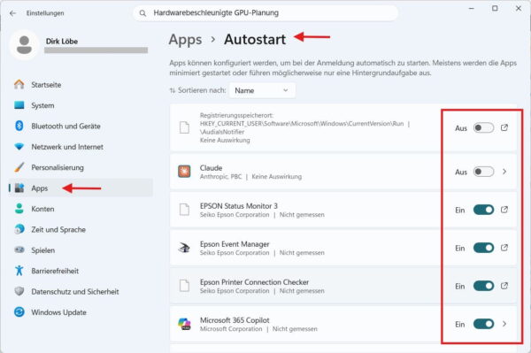 Windows 11 Autostart-Einstellungen mit Schaltern für aktivierte und deaktivierte Programme