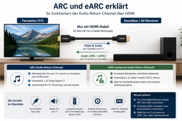 ARC und eARC einfach erklärt – Ton über HDMI nutzen ARC und eARC über HDMI erklärt mit Verbindung zwischen Fernseher und Soundbar