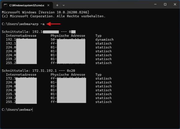 ARP-Cache unter Windows mit arp -a anzeigen Windows Eingabeaufforderung mit arp -a zur Anzeige des ARP-Cache