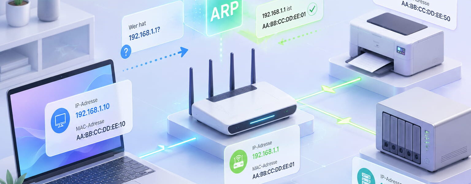 ARP im Heimnetzwerk mit Router, Laptop, Drucker und NAS als Verbindung zwischen IP-Adresse und MAC-Adresse
