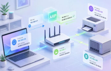 ARP im Heimnetzwerk mit Router, Laptop, Drucker und NAS als Verbindung zwischen IP-Adresse und MAC-Adresse