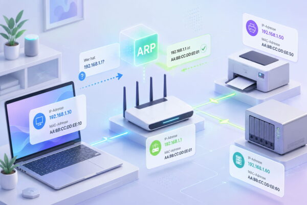 ARP im Heimnetzwerk mit Router, Laptop, Drucker und NAS als Verbindung zwischen IP-Adresse und MAC-Adresse