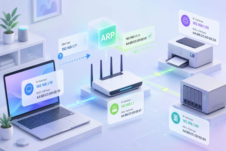 ARP im Heimnetzwerk mit Router, Laptop, Drucker und NAS als Verbindung zwischen IP-Adresse und MAC-Adresse