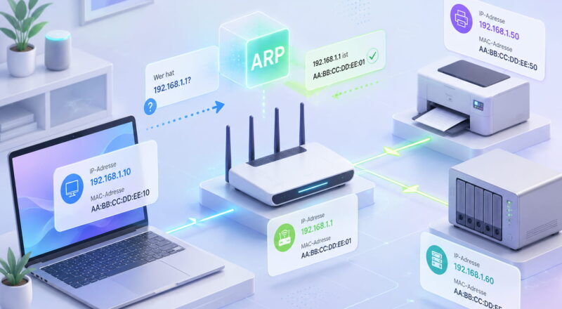 ARP im Heimnetzwerk mit Router, Laptop, Drucker und NAS als Verbindung zwischen IP-Adresse und MAC-Adresse