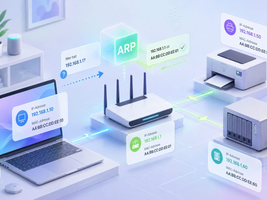 ARP im Heimnetzwerk mit Router, Laptop, Drucker und NAS als Verbindung zwischen IP-Adresse und MAC-Adresse