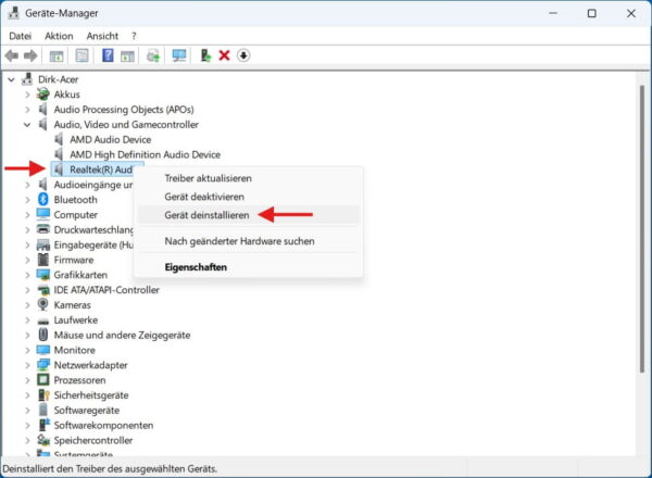 Audiotreiber unter Windows vollständig neu installieren Generischen Audiotreiber im Geräte-Manager deinstallieren