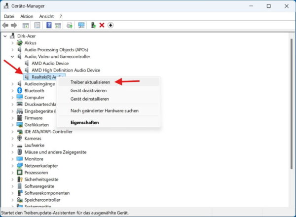 Audiotreiber im Windows Geräte-Manager aktualisieren, wenn kein Ton unter Windows zu hören ist