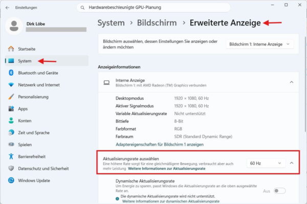 Windows 11 Einstellungen mit Auswahl der Aktualisierungsrate in der erweiterten Anzeige