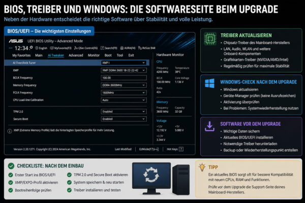 Infografik zu BIOS-, Treiber- und Windows-Einstellungen nach einem Mainboard-Upgrade