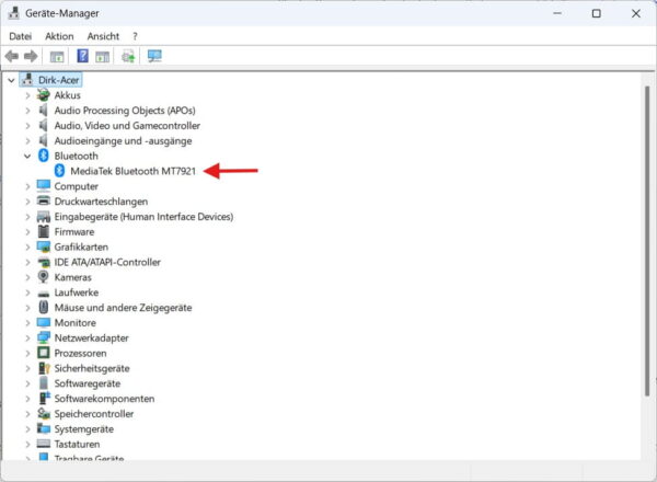 Bluetooth-Eintrag im Geräte-Manager als Vergleich prüfen