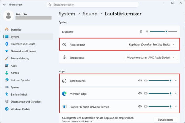 Bluetooth-Kopfhörer im Windows-Lautstärkemixer prüfen Windows-Lautstärkemixer mit Bluetooth-Kopfhörer als Ausgabegerät und Lautstärkereglern für einzelne Apps