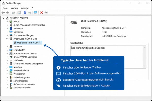 Typische Probleme mit seriellen Schnittstellen unter Windows Windows-Geräte-Manager mit USB-Seriell-Adapter und COM-Port-Einstellungen