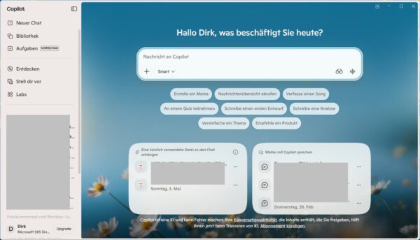 Copilot in Windows 11 geöffnet Copilot-App unter Windows 11 mit Eingabefeld und Vorschlägen