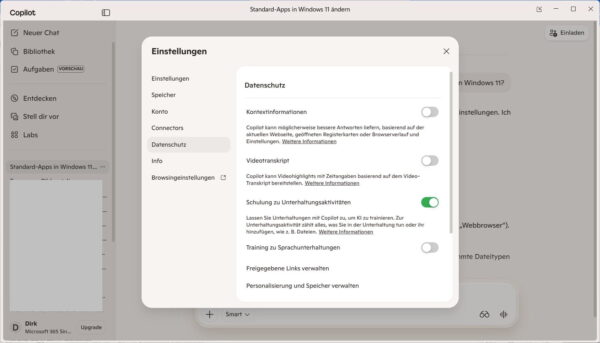 Copilot Datenschutz-Einstellungen in Windows 11 Datenschutz-Einstellungen in Copilot unter Windows 11