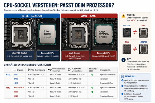 Vergleich von Intel- und AMD-CPU-Sockeln zur Prüfung der Mainboard-Kompatibilität beim PC-Upgrade