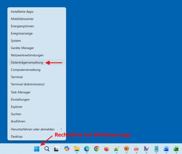 Datenträgerverwaltung über Rechtsklick auf das Windows-Logo öffnen Datenträgerverwaltung über das Windows-Schnellmenü öffnen