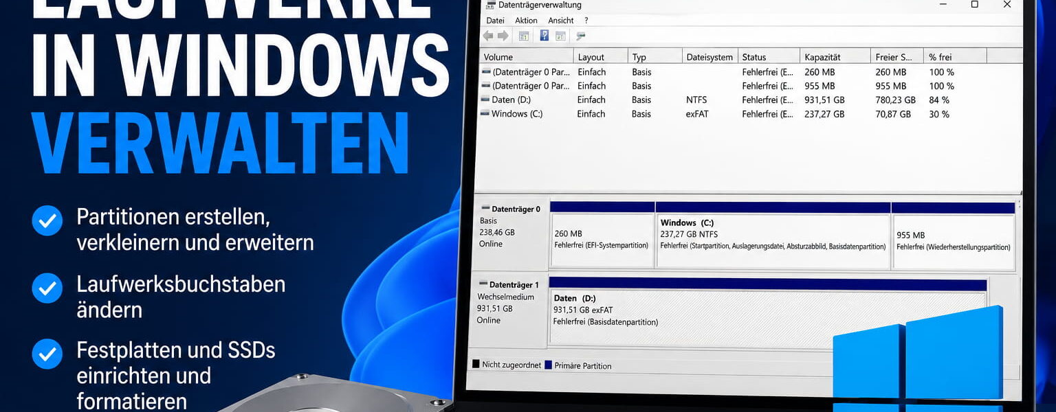 Datenträgerverwaltung in Windows zum Verwalten von Laufwerken und Partitionen