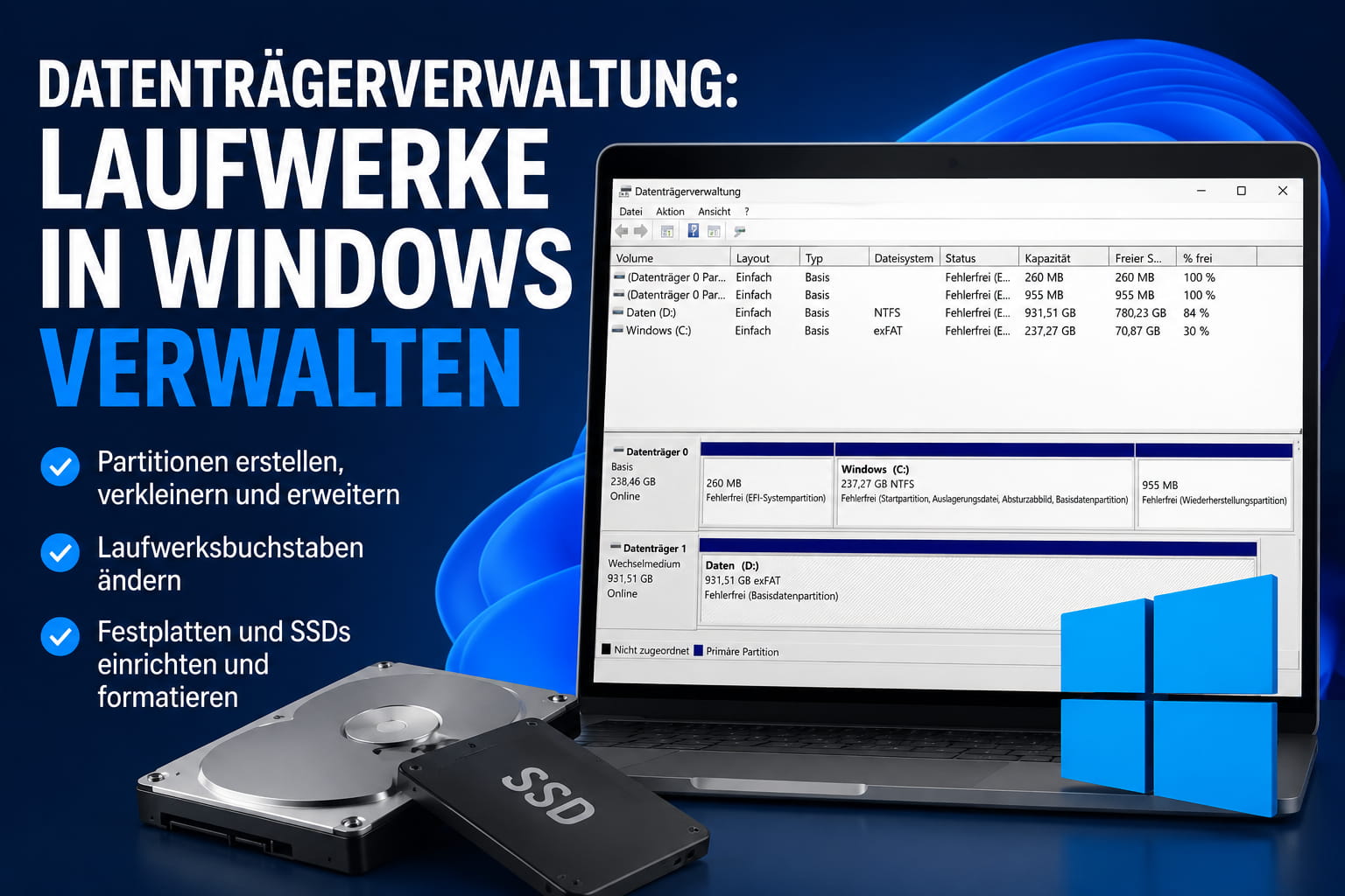 Datenträgerverwaltung in Windows zum Verwalten von Laufwerken und Partitionen