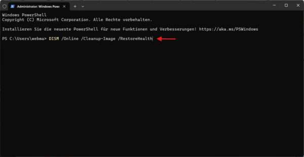 DISM-Befehl in Windows PowerShell zum Reparieren von Systemdateien bei 0x80070057