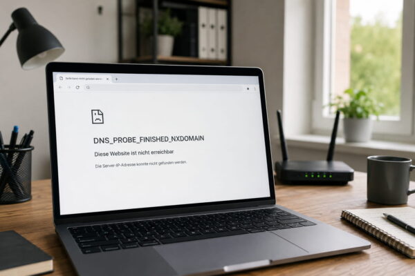 Laptop mit der Fehlermeldung DNS_PROBE_FINISHED_NXDOMAIN bei einem DNS-Problem im Heimnetz