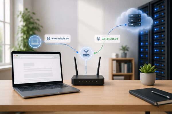 DNS-Anfrage vom Laptop über den Router zum DNS-Server mit Rückgabe der passenden IP-Adresse