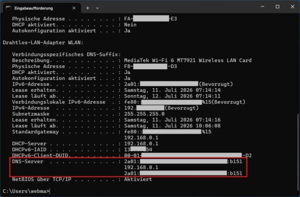 Verwendeten DNS-Server unter Windows mit ipconfig prüfen DNS im Router oder PC mit ipconfig unter Windows prüfen