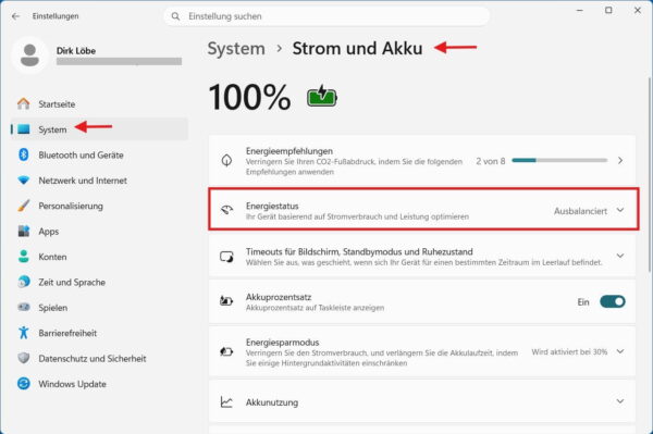 Windows 11 Einstellungen für Strom und Akku mit markiertem Energiestatus