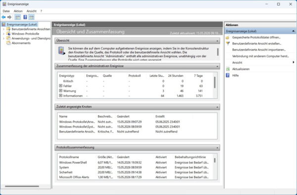 Aufbau der Ereignisanzeige mit Windows-Protokollen