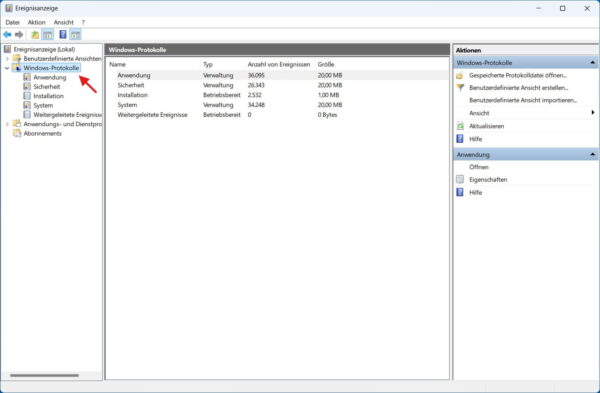 Windows-Protokolle in der Ereignisanzeige mit Anwendung System und Sicherheit