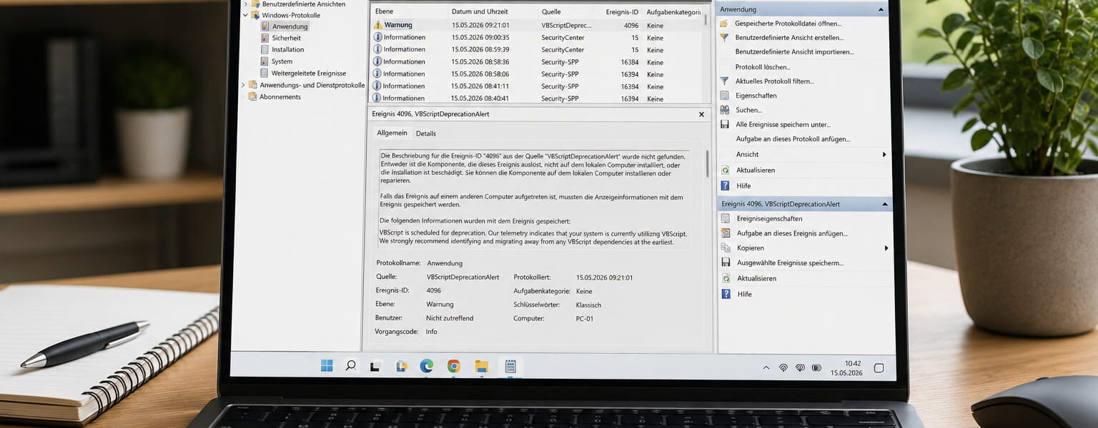 Ereignisanzeige in Windows mit Fehlerdetails auf einem Laptop