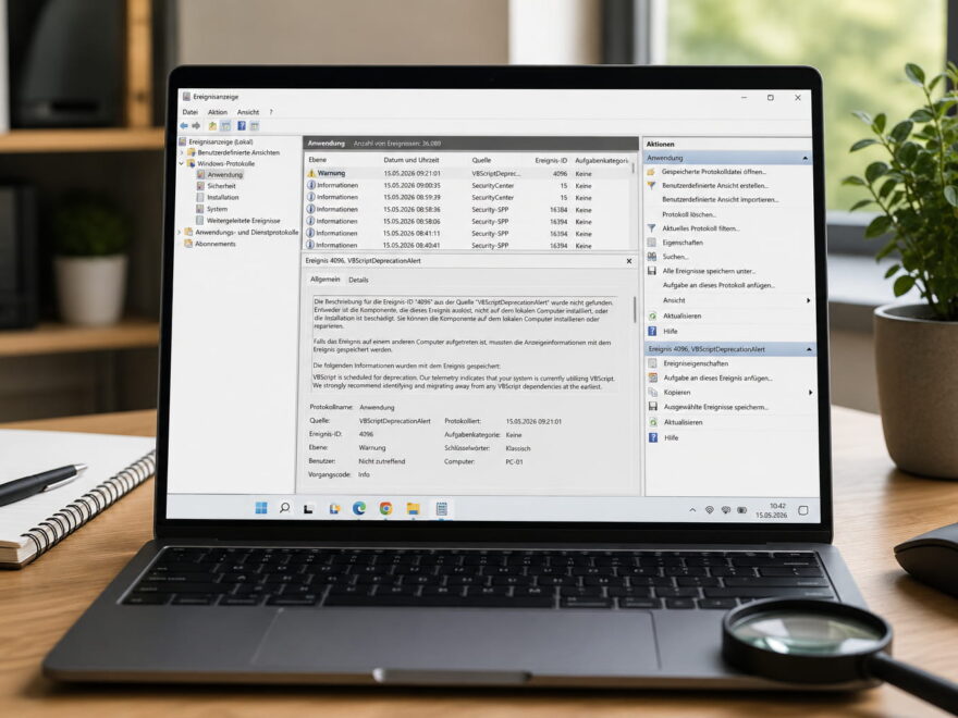 Ereignisanzeige in Windows mit Fehlerdetails auf einem Laptop