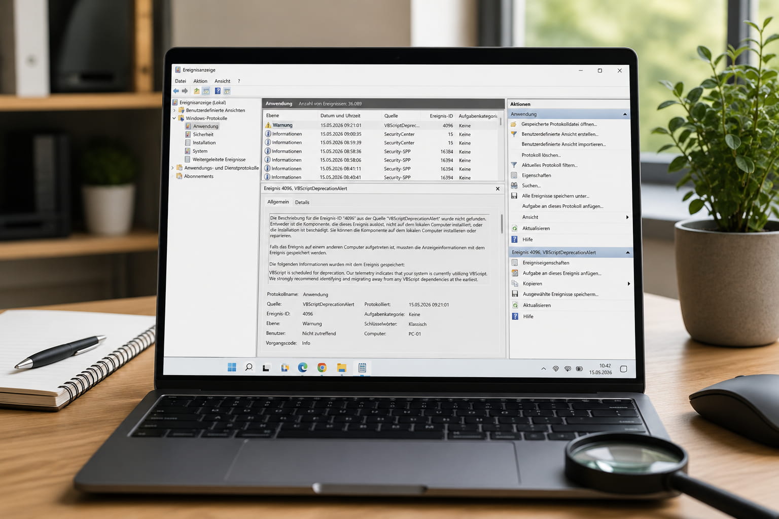 Ereignisanzeige in Windows mit Fehlerdetails auf einem Laptop